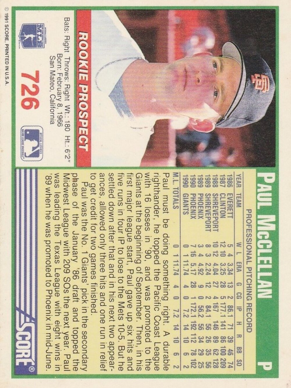 Paul McClellan - Score 91 Rookie Prospect Baseball Card - Picture 2 of 2